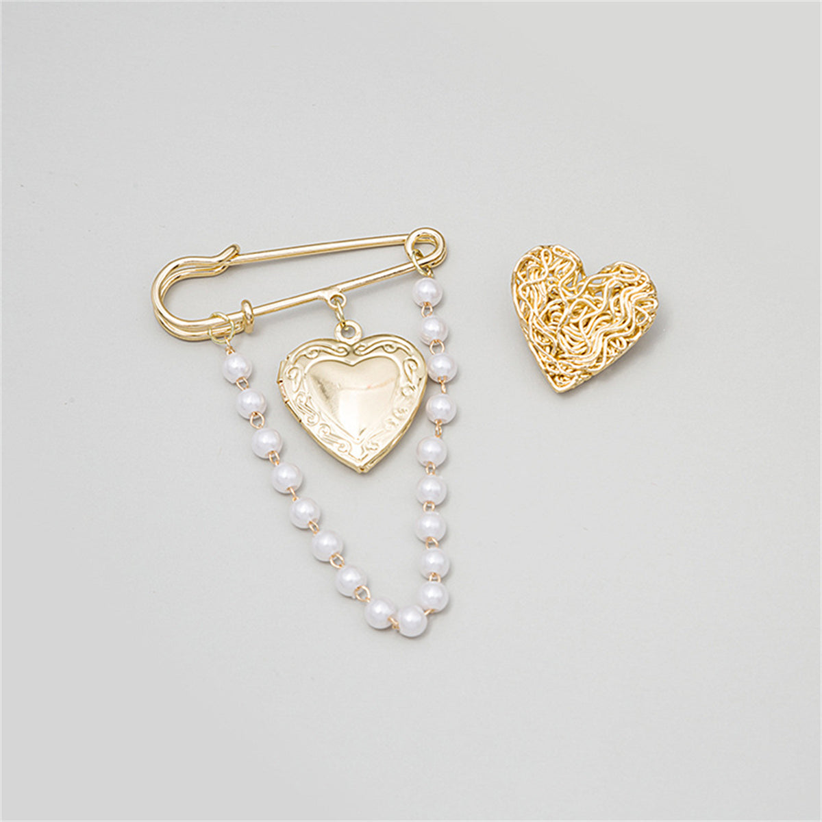 Pearl and 18K Gold-Plated Chain Heart Brooch - Set Of Two, jewelry gift sets for women, everyday style, lifestyle look