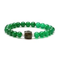 Green Quartz & Brown Cylinder Charm Beaded Stretch Bracelet