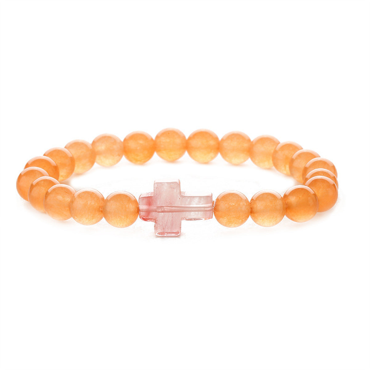 Orange and Pink Quartz Cross Charm Beaded Stretch Bracelet, bracelet for women, vintage-inspired design, front view