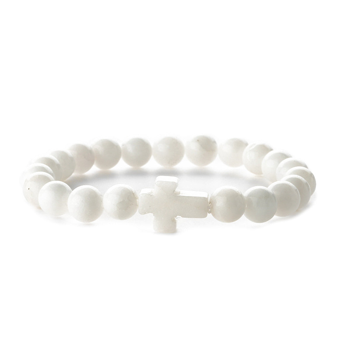 White Quartz Cross Charm Beaded Stretch Bracelet, bracelet for women, botanical inspired, front view