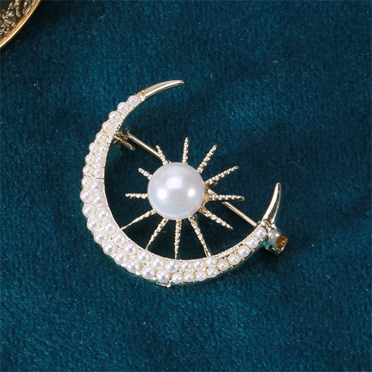Pearl and 18K Gold-Plated Sun and Moon Brooch, gold brooch pin, everyday style, styled look