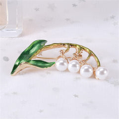 Green Enamel & Pearl 18K Gold-Plated Lily Of The Valley Brooch
