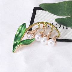 Green Enamel & Pearl 18K Gold-Plated Lily Of The Valley Brooch