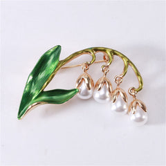 Green Enamel & Pearl 18K Gold-Plated Lily Of The Valley Brooch
