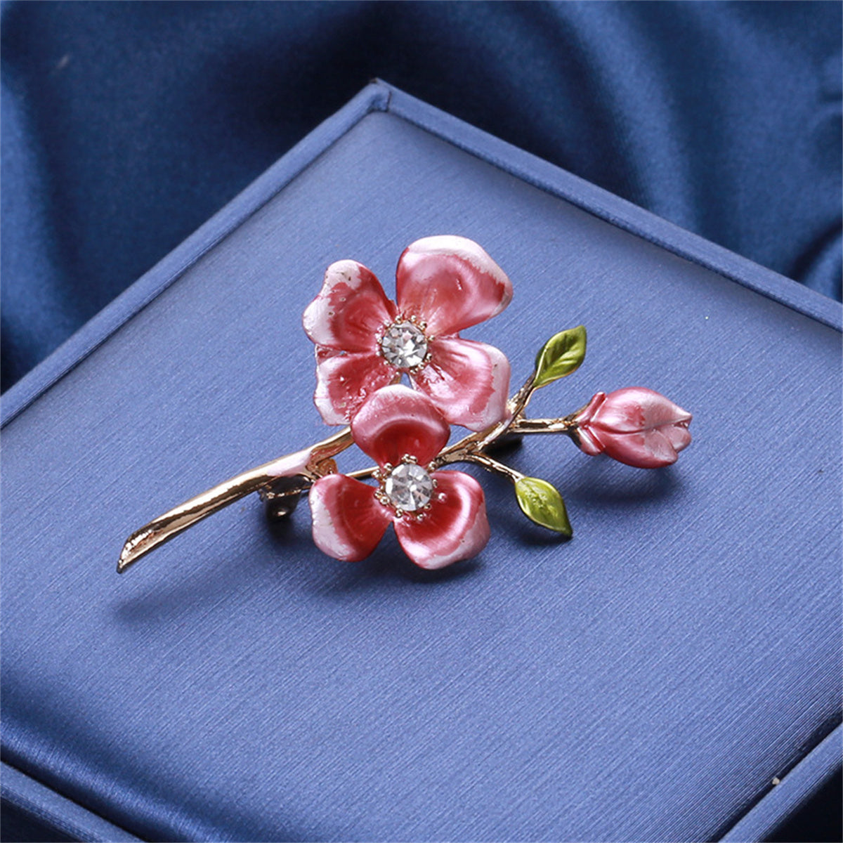 Pink Enamel and Cubic Zirconia Wintersweet Brooch, brooch pin, dainty minimalist design, detail close-up