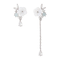 White Cat-Eye & Cubic Zirconia Floral Mismatched Drop Earrings