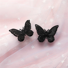 Black & Silver-Plated Embroidery Butterfly Stud Earrings