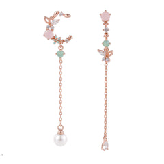 Crystal & Pearl 18K Rose Gold-Plated Asymmetrical Butterfly Moon Drop Earrings