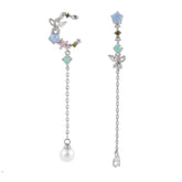 Crystal & Pearl Silver-Plated Asymmetrical Butterfly Moon Drop Earrings