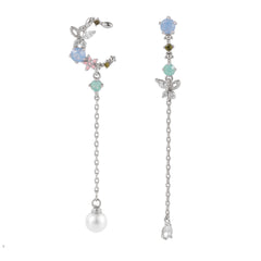 Crystal & Pearl Silver-Plated Asymmetrical Butterfly Moon Drop Earrings