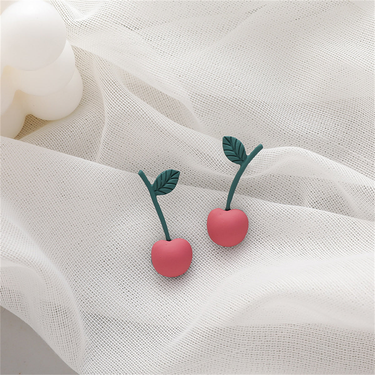 Pink and Green Enamel Cherry Drop Earrings, drop earrings for women, elegant gift for her, side view