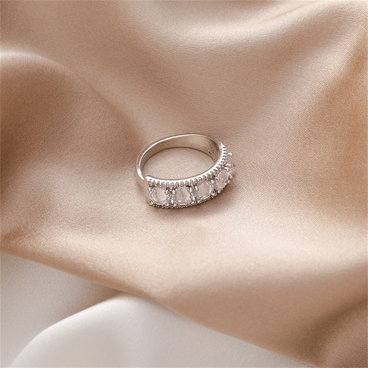 Crystal and Silver-Plated Round-Cut Channel Band Ring, silver statement rings for women, detail close-up