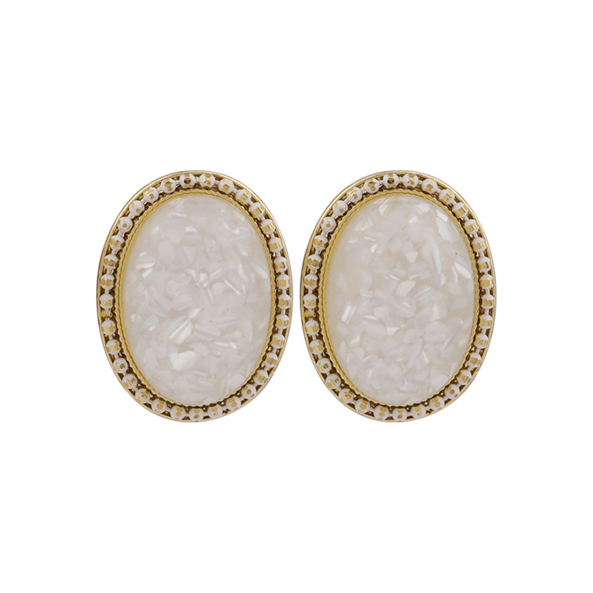 White Resin and 18K Gold-Plated Oval Stud Earrings, gold stud earrings for women, dainty minimalist design, detail close-up