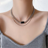 Black Enamel & Silver-Plated Curb Chain Layered Choker