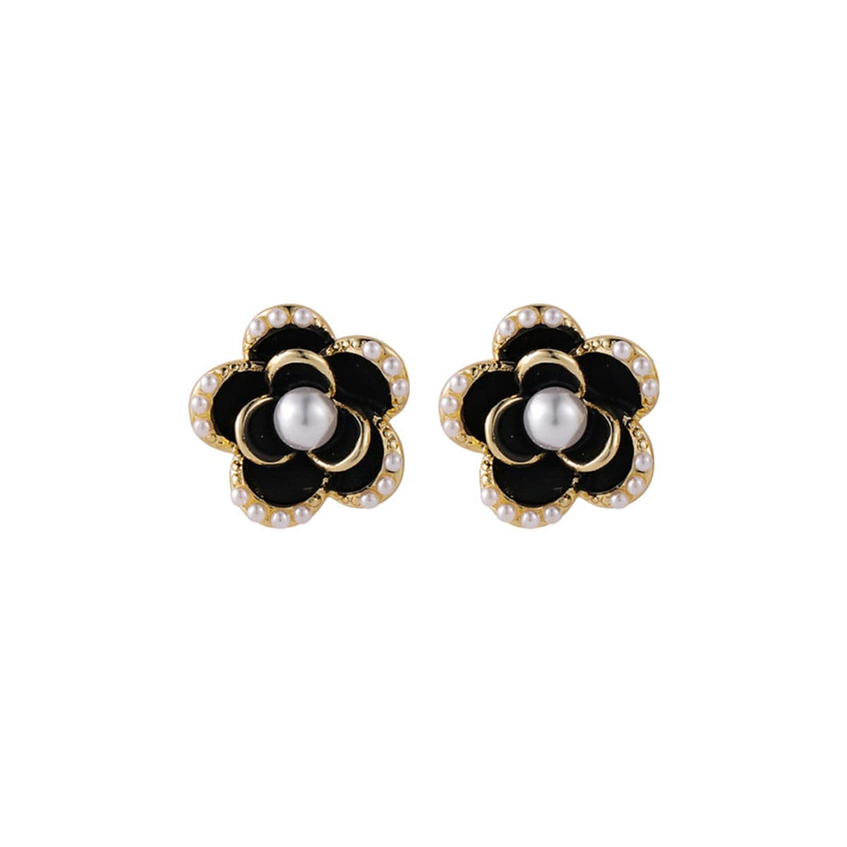 Elegant black and white flower earrings featuring diamonds, crafted in 18k gold-plated with pearl and black enamel accents.