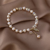 Pearl & Cubic Zirconia 18K Gold-Plated Wing Charm Stretch Bracelet