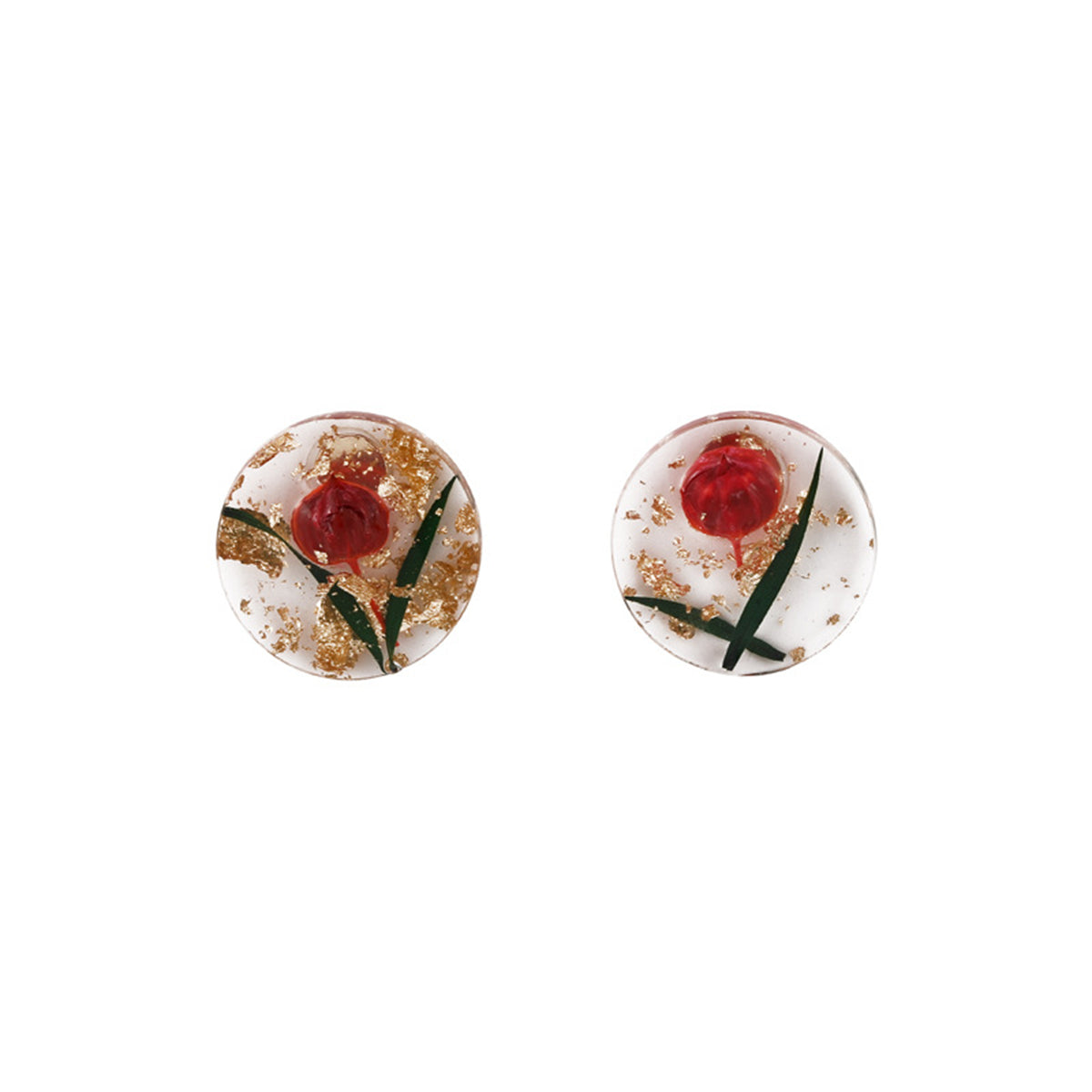 Red Flower and Silver-Plated Stud Earrings, silver stud earrings for women, elegant gift for her, side view