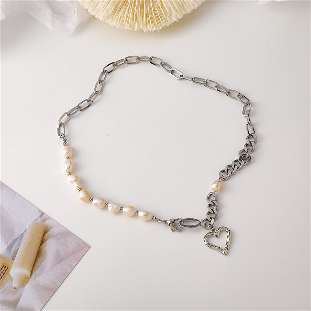 Pearl & Silver-Plated Open Heart Pendant Necklace