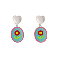 Clear Cat Eye & Red Acrylic Floral Oval Heart Drop Earrings