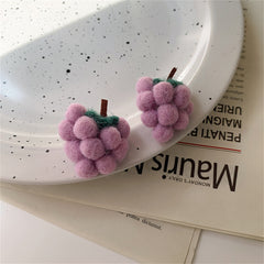 Purple & Green Wool Fuzzy Grape Bunch Stud Earrings