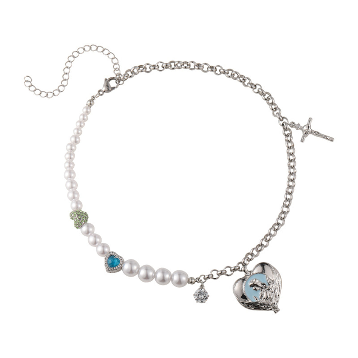 Pearl & Cubic Zirconia Heart Crucifix Pendant Necklace