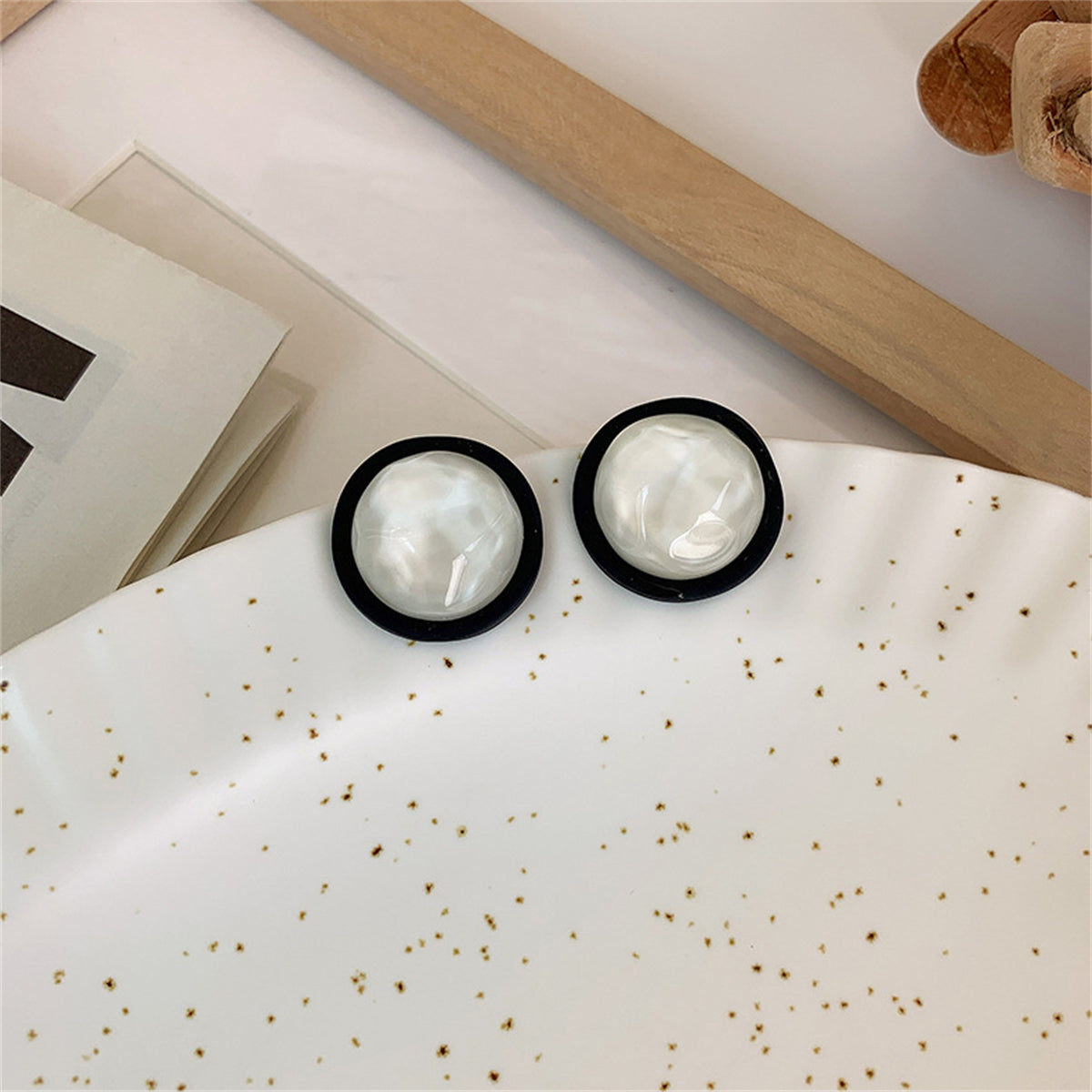 Black Acrylic and Resin Silver-Plated Round Stud Earring, silver stud earrings for women, everyday style, detail close-up