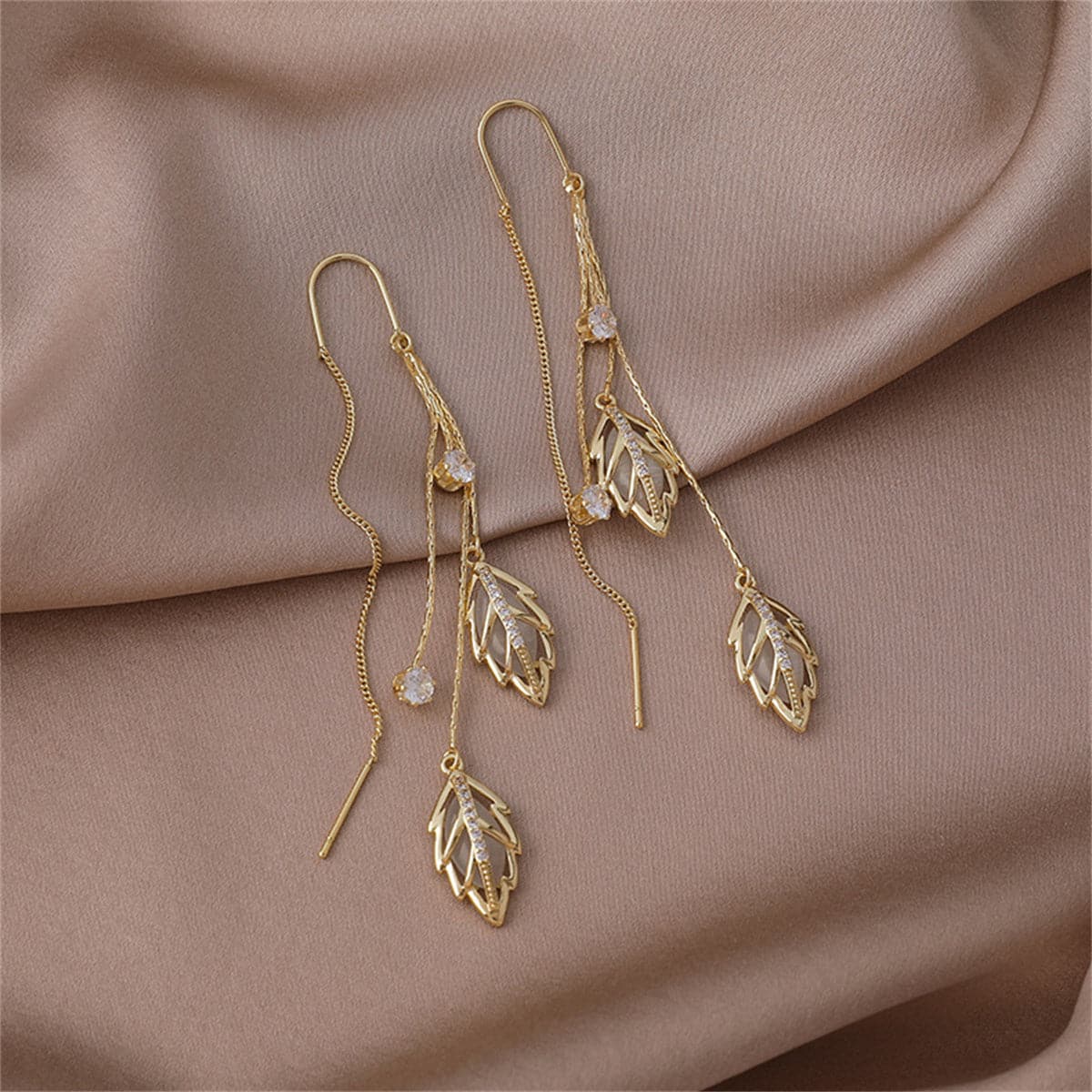 Cats Eye and 18K Gold-Plated Double Leaf Ear Threader Earrings, gold drop earrings for women, botanical inspired, styled look