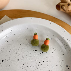 Green Pom-Pom & Silver-Plated Carrot Ball Stud Earrings