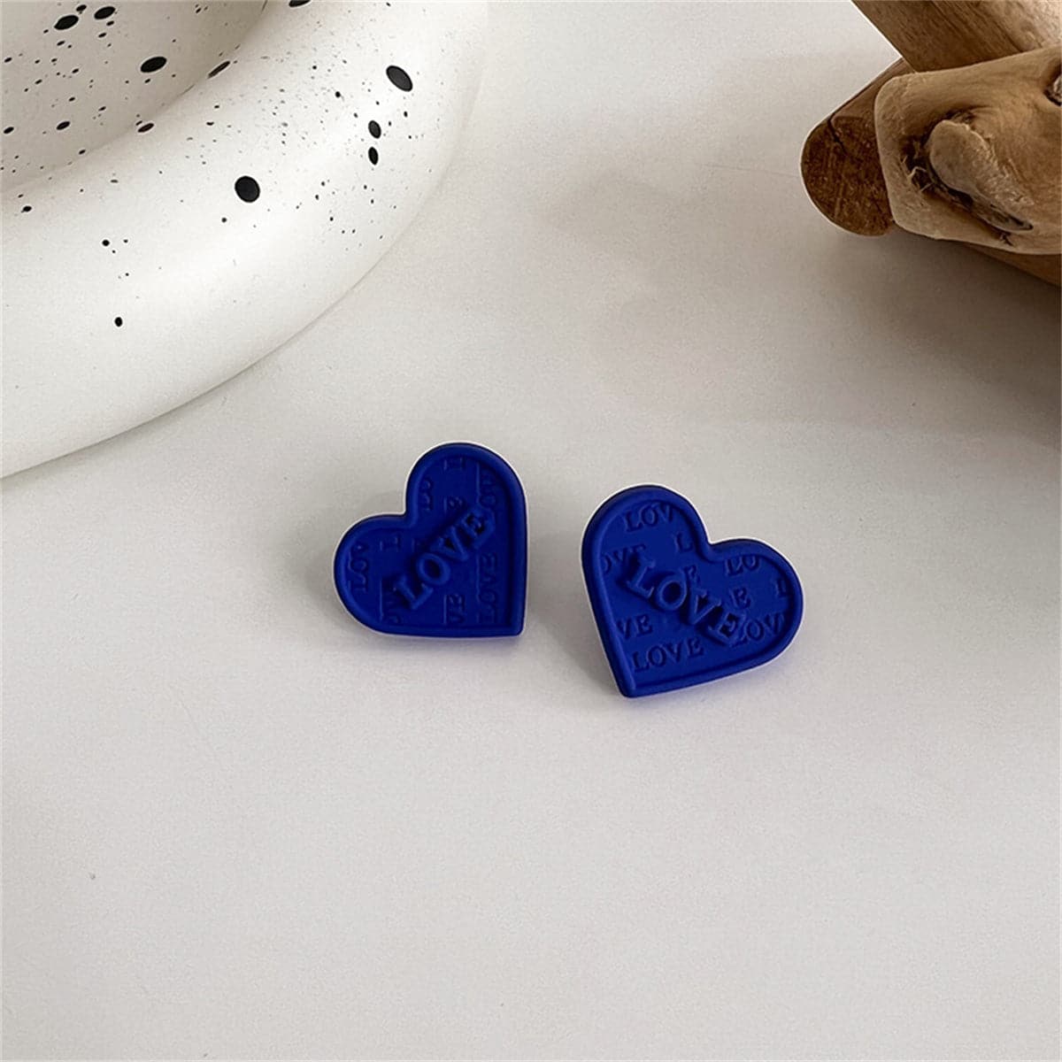 Blue Enamel and Silver-Plated 'Love' Heart Stud Earrings, silver stud earrings for women, lifestyle look