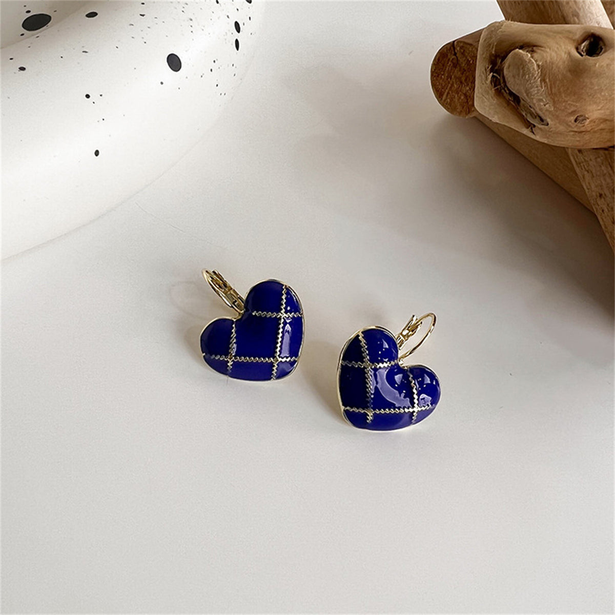 Blue Enamel and 18K Gold-Plated Lattice Heart Huggie Earrings, gold huggie earrings, elegant gift for her, side view