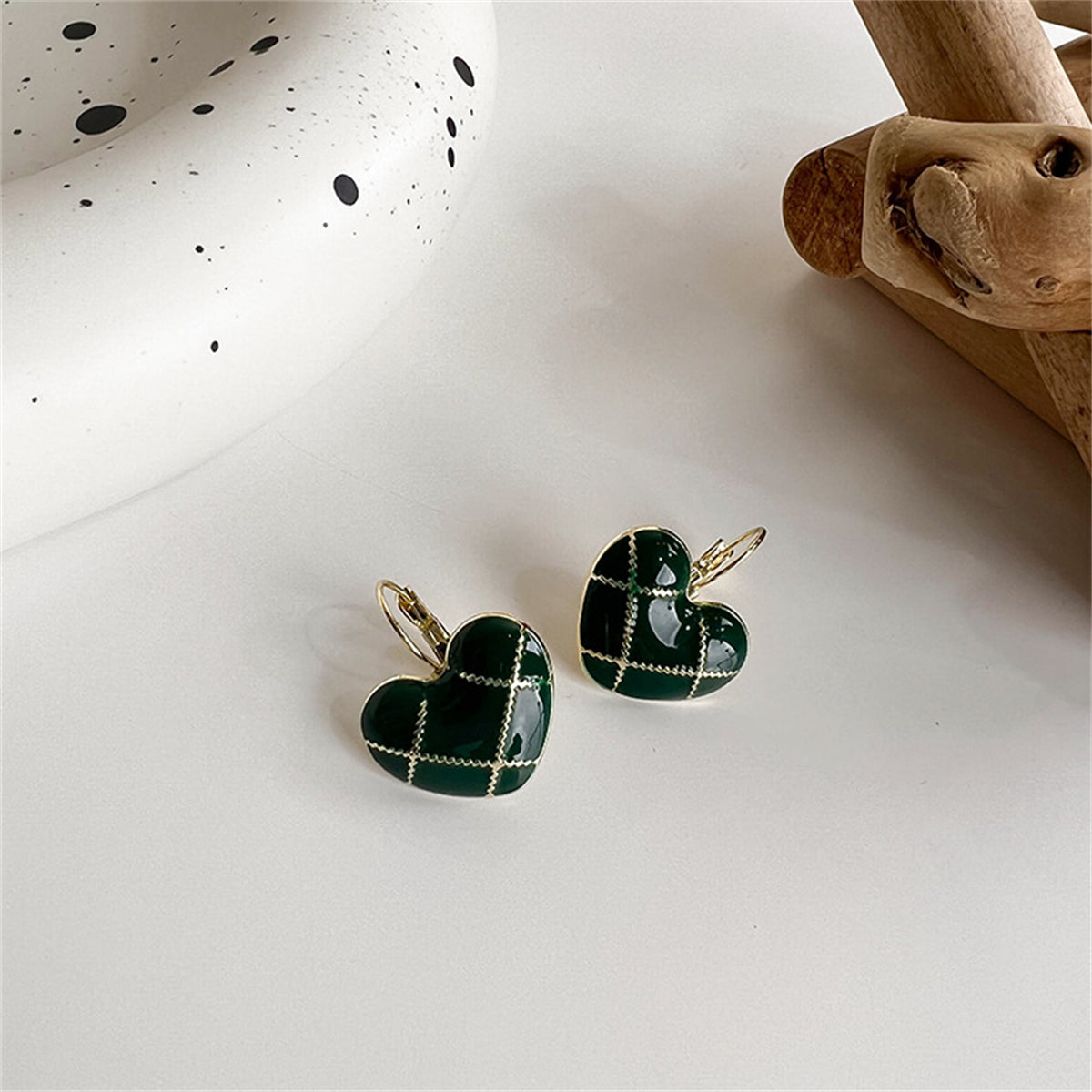 Green Enamel and 18K Gold-Plated Heart Huggie Earring, gold huggie earrings, botanical inspired, side view