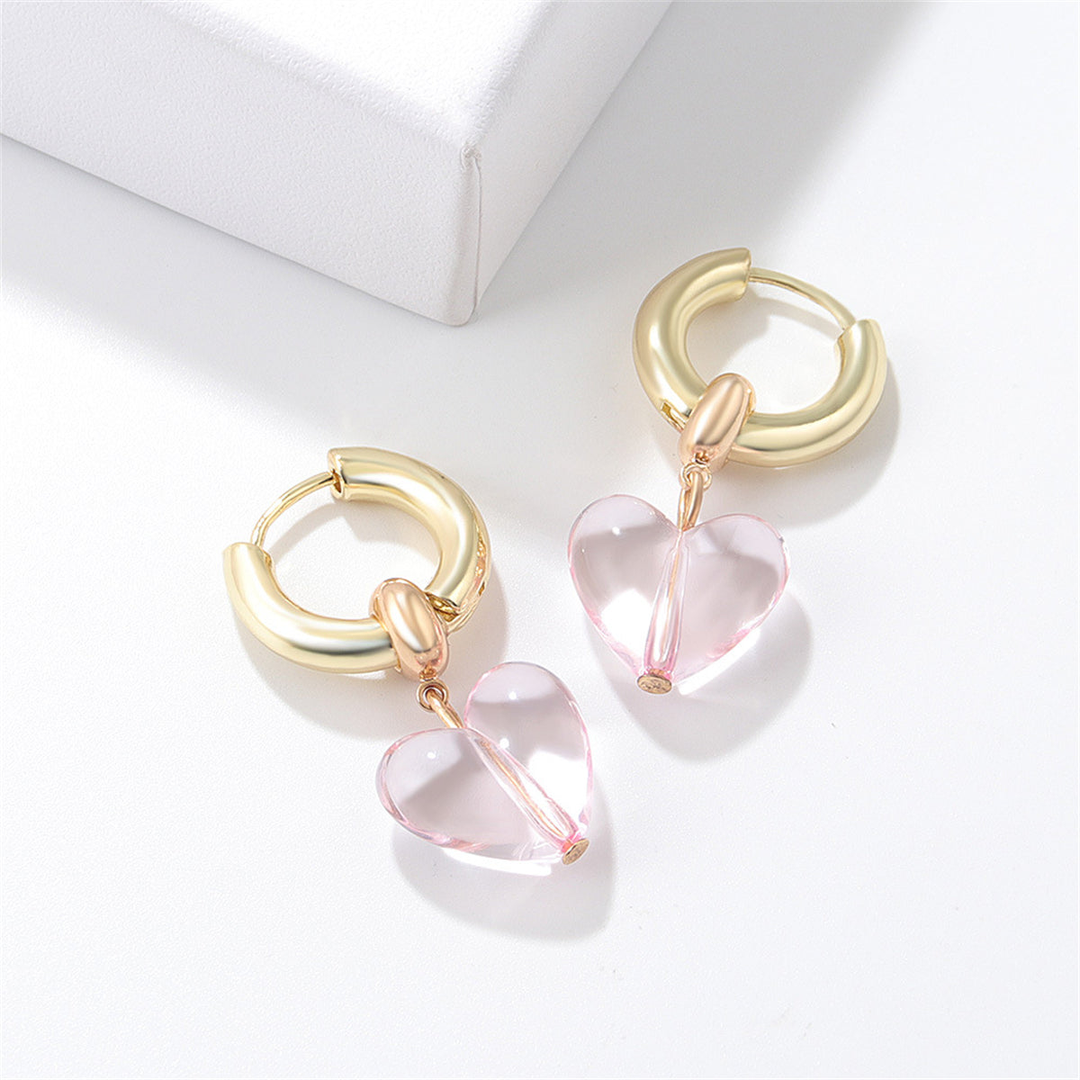 Pink Crystal and 18K Gold-Plated Heart Huggie Earrings, gold huggie earrings, elegant gift for her, front view