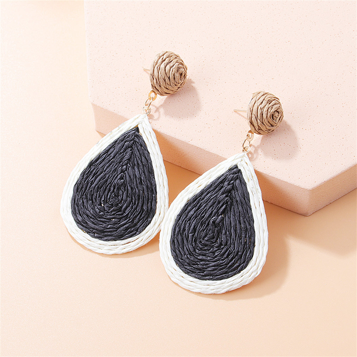 Black Raffia and 18K Gold-Plated Drop Earrings, gold drop earrings for women, botanical inspired, front view