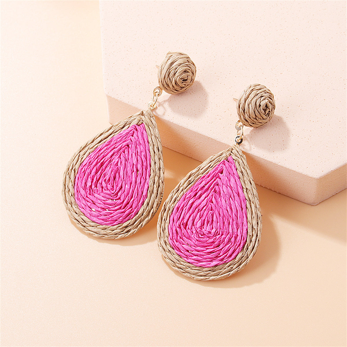 Dark Pink Raffia and 18K Gold-Plated Drop Earrings, gold drop earrings for women, vintage-inspired design, front view