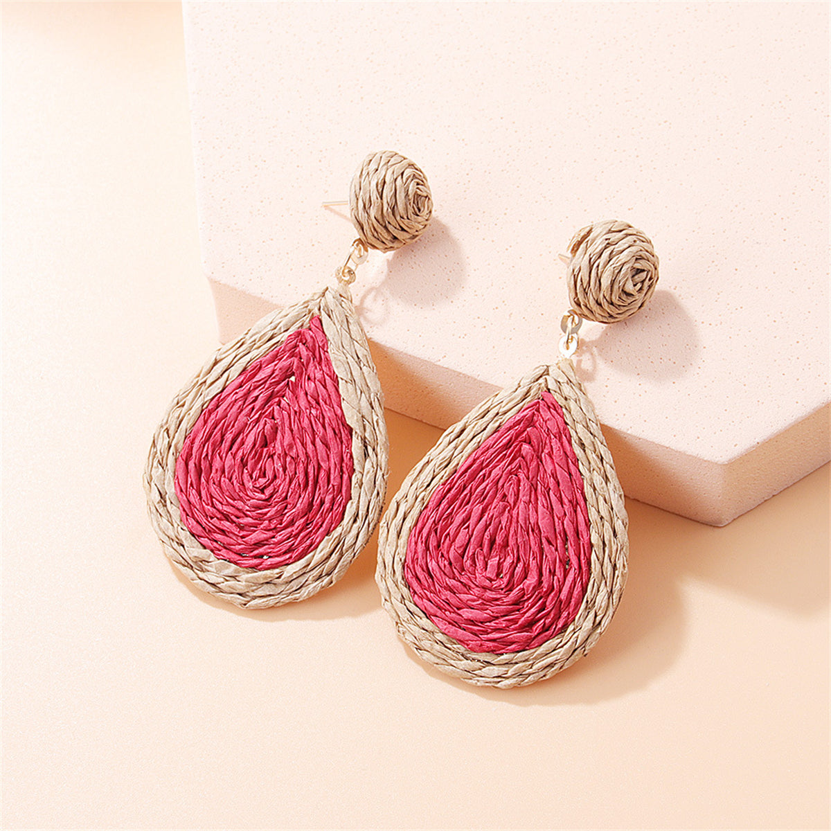 Red and Beige Raffia Teardrop Earrings, drop earrings for women, dainty minimalist design, front view
