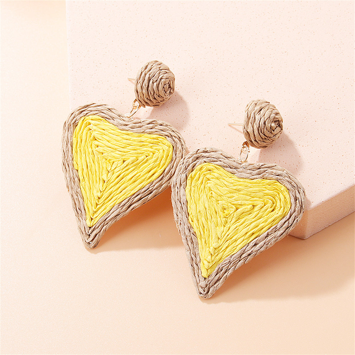 Yellow Raffia and 18K Gold-Plated Heart Drop Earrings, gold drop earrings for women, dainty minimalist design, front view