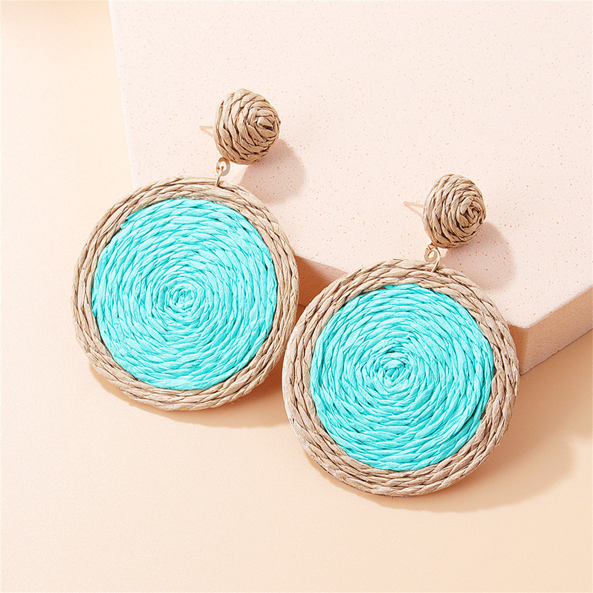 Cyan and Beige Raffia Round Drop Earrings, drop earrings for women, botanical inspired, front view