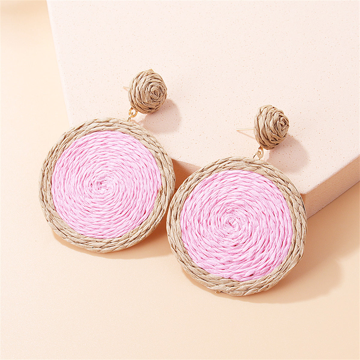 Pink and Beige Raffia Round Drop Earrings, drop earrings for women, dainty minimalist design, front view