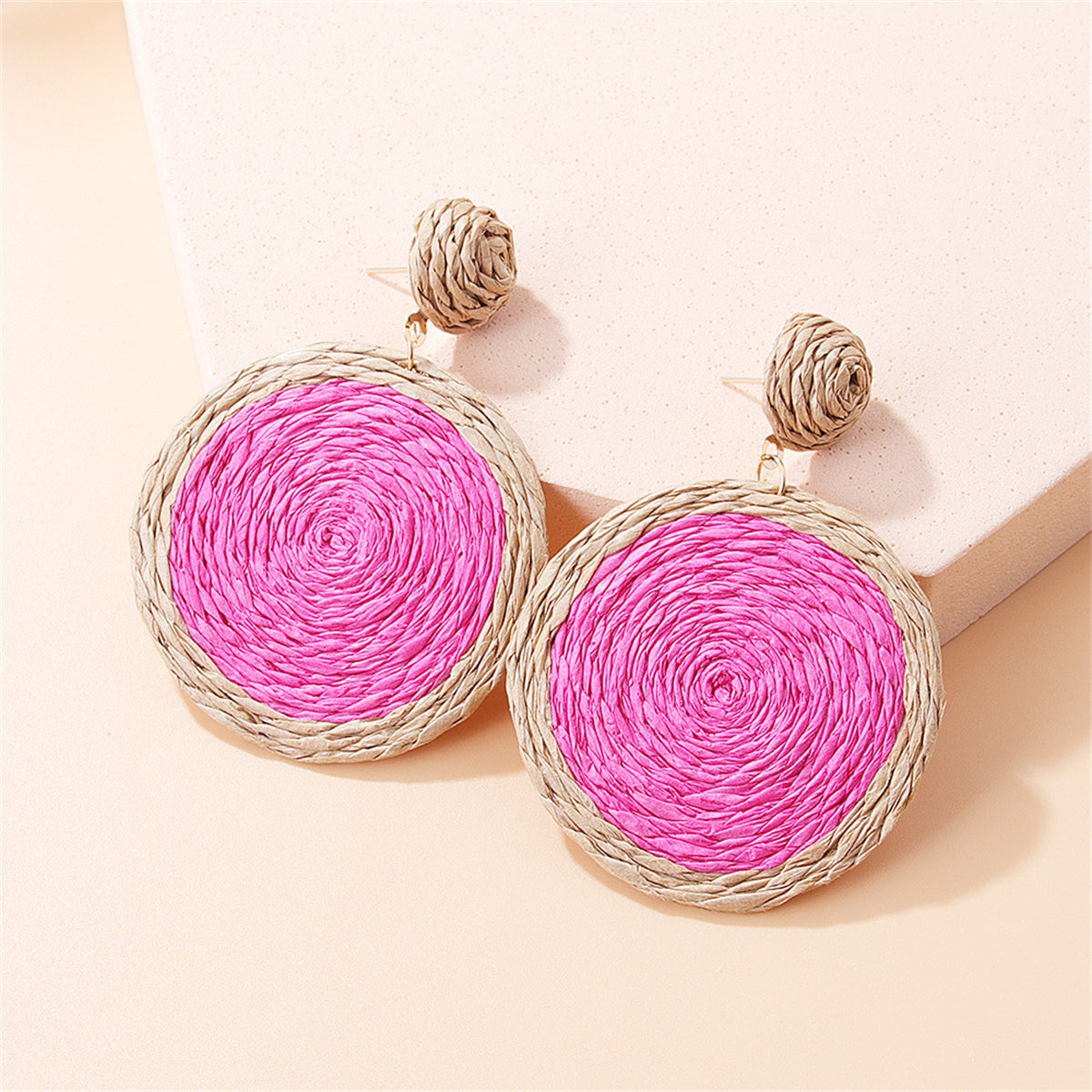 Rose and Beige Raffia Round Drop Earrings, drop earrings for women, elegant gift for her, front view