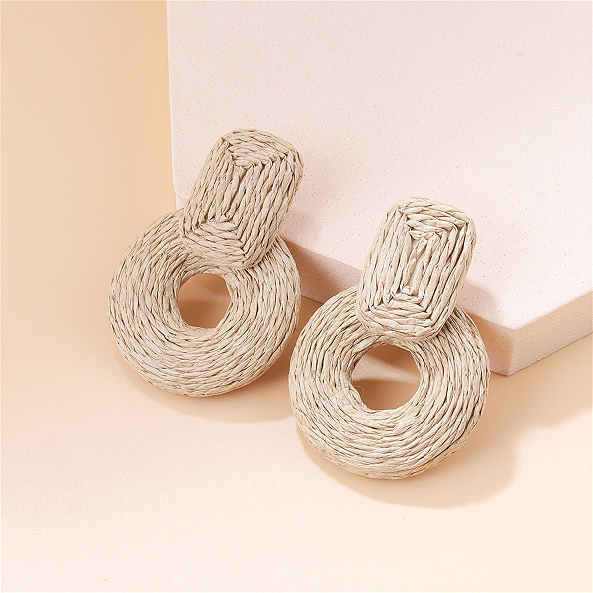 Beige Raffia Geo Drop Earrings, drop earrings for women, botanical inspired, front view