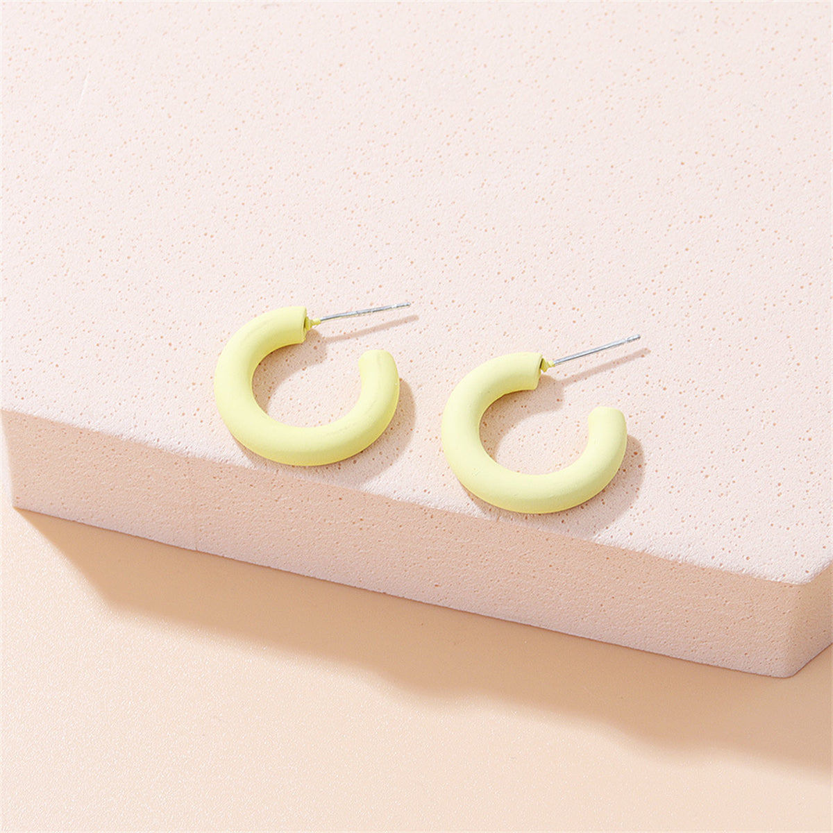 Yellow Enamel and Silver-Plated C-Shaped Hoop Earrings, silver stud earrings for women, dainty minimalist design, front view