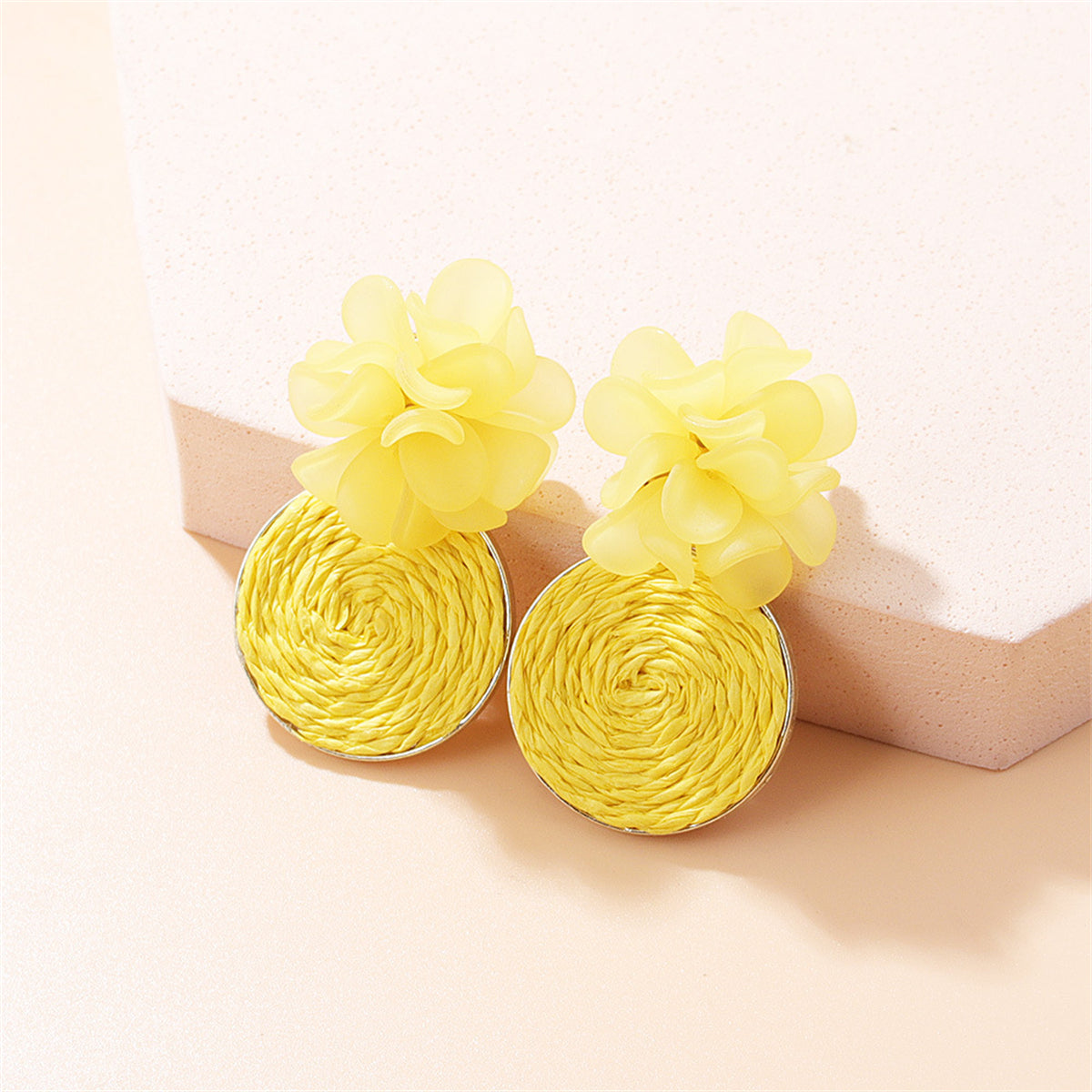 Yellow Raffia Flower Drop Earrings, drop earrings for women, elegant gift for her, front view