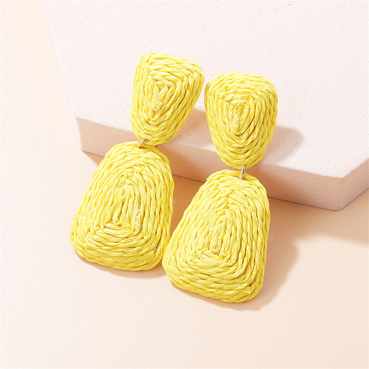 Yellow Raffia Ladder Drop Earrings, drop earrings for women, botanical inspired, front view