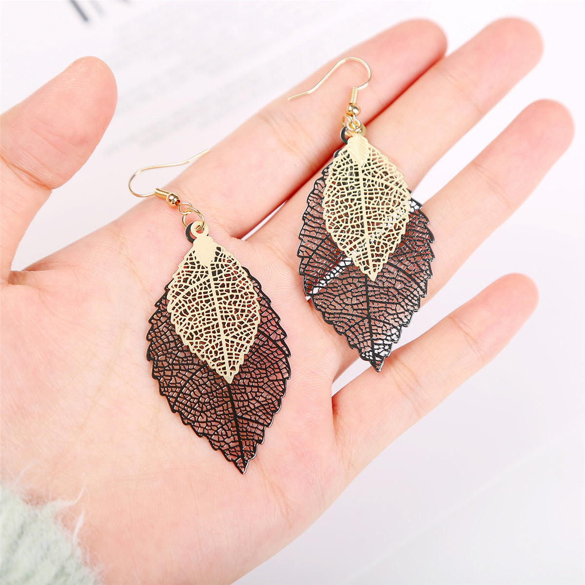 Two-Tone Openwork Leaf Drop Earrings, drop earrings for women, everyday style, lifestyle look
