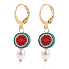 Charming watermelon pearl drop earrings, designed with polymer clay and 18K gold plating, perfect for a stylish look.