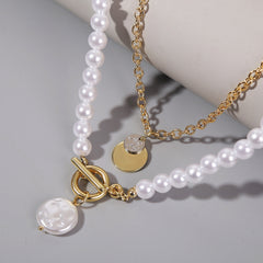 Pearl & Two-Tone Round Pendant Necklace - Set Of Two