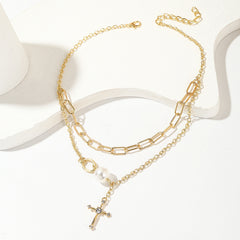 Pearl & Cubic Zirconia 18K Gold-Plated Cross Layered Necklace