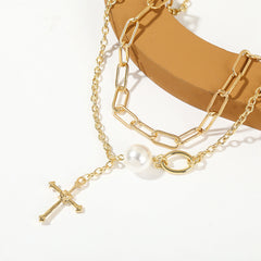Pearl & Cubic Zirconia 18K Gold-Plated Cross Layered Necklace