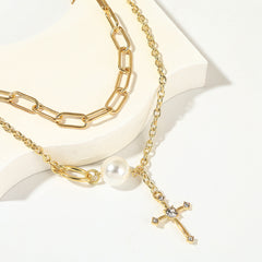 Pearl & Cubic Zirconia 18K Gold-Plated Cross Layered Necklace