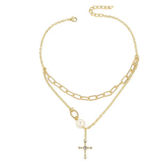 Pearl & Cubic Zirconia 18K Gold-Plated Cross Layered Necklace